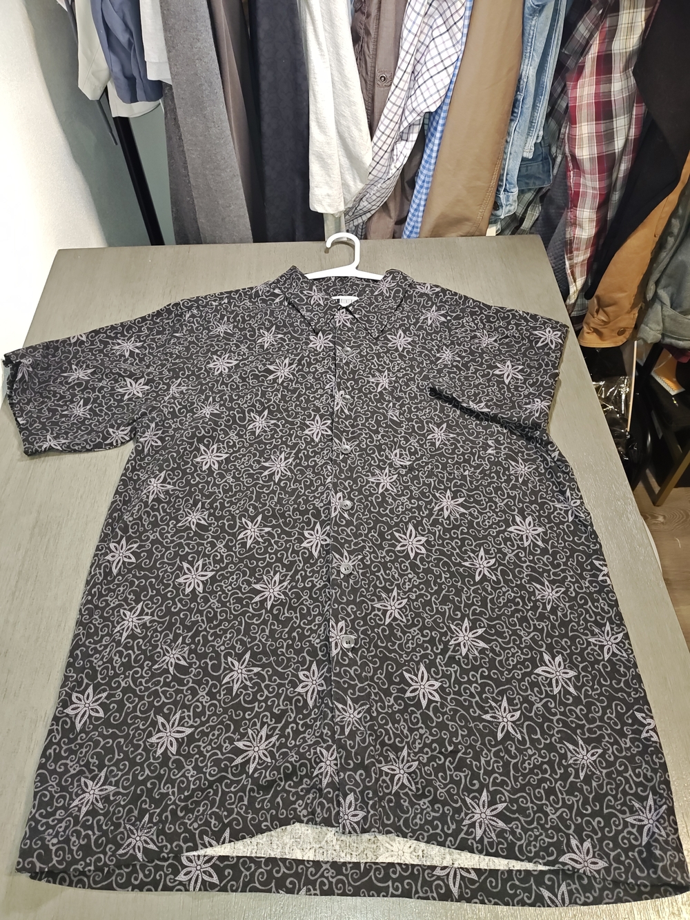 Vintage Casual Short-Sleeve Button-Down Men's Shirt,Dark Gray Floral,100% Silk